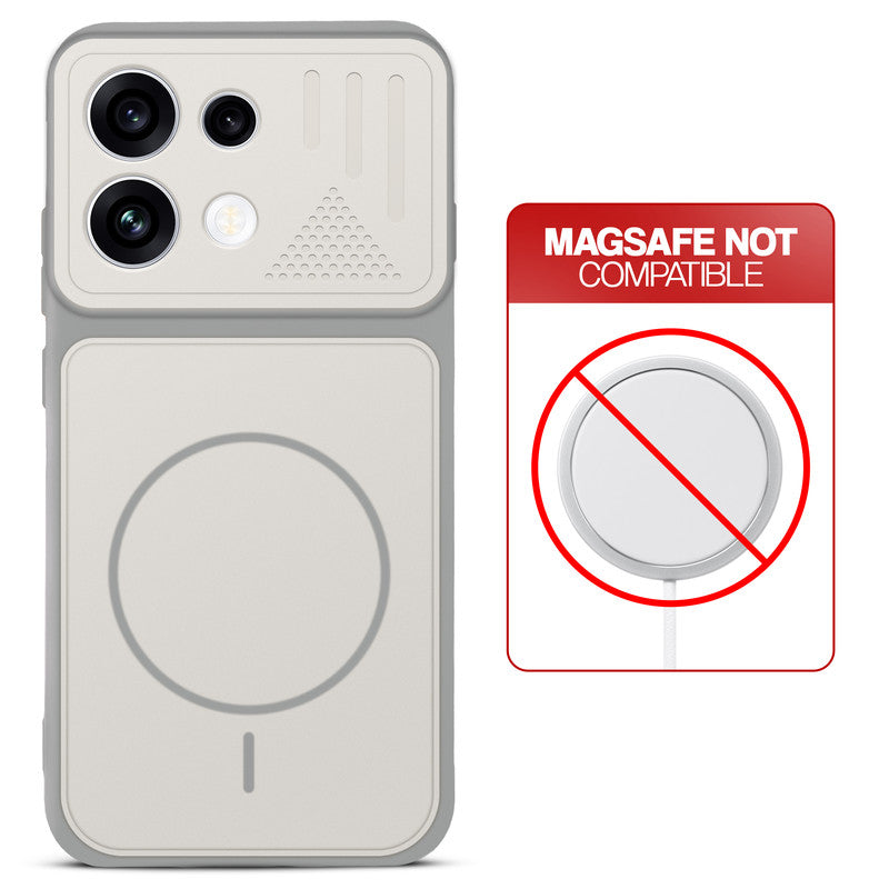 Grey-White back cover for Oppo Reno 16C 5G with printed ring pattern and message showing not compatible with MagSafe charging.