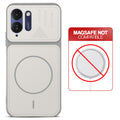 Grey-White back cover for Poco M8x 5G with printed ring pattern and message showing not compatible with MagSafe charging.
