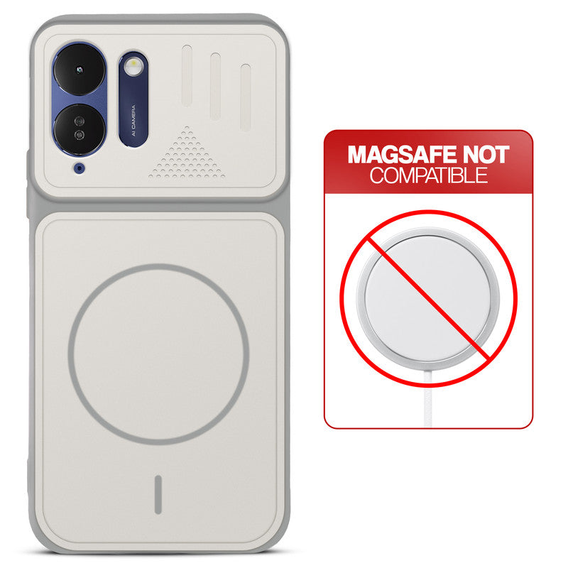 Grey-White back cover for Poco M8x 5G with printed ring pattern and message showing not compatible with MagSafe charging.