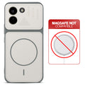 Grey-White back cover for Poco X8 Power 5G with printed ring pattern and message showing not compatible with MagSafe charging.