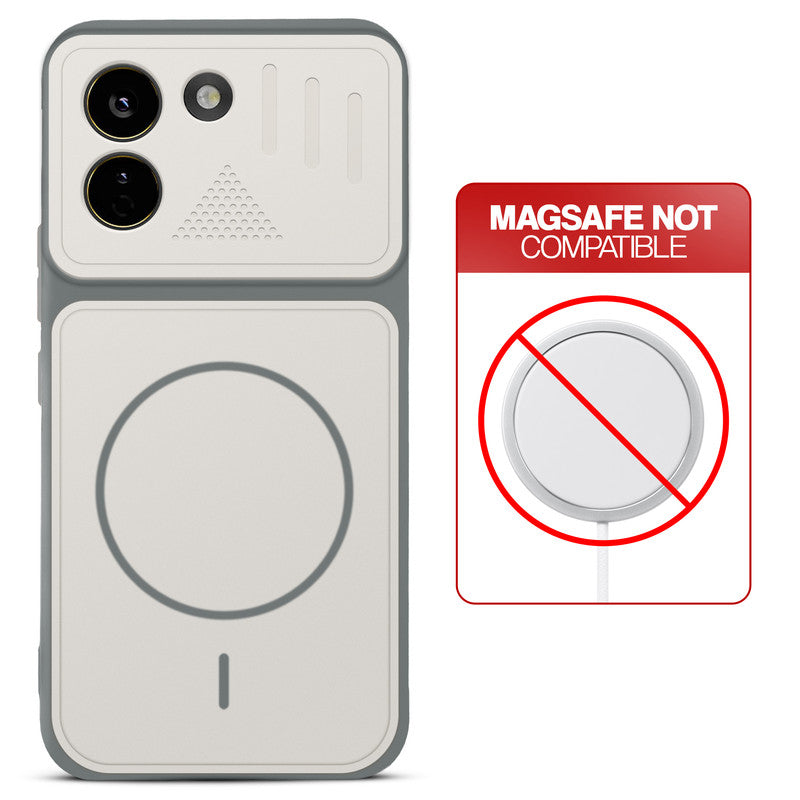 Grey-White back cover for Poco X8 Power 5G with printed ring pattern and message showing not compatible with MagSafe charging.