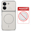 Grey-White back cover for Poco X8 Pro 5G with printed ring pattern and message showing not compatible with MagSafe charging.