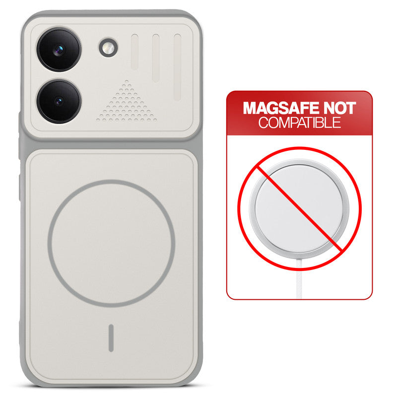 Grey-White back cover for Poco X8 Pro 5G with printed ring pattern and message showing not compatible with MagSafe charging.