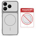 Grey-White back cover for Realme 15T 5Gwith printed ring pattern and message showing not compatible with MagSafe charging.