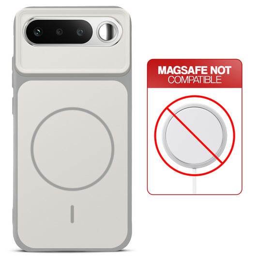 Grey-White back cover for Realme 16 5G with printed ring pattern and message showing not compatible with MagSafe charging.