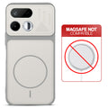 Grey-White back cover for Realme 16T 5G with printed ring pattern and message showing not compatible with MagSafe charging.