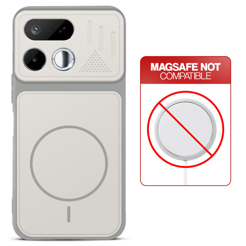 Grey-White back cover for Realme 16T 5G with printed ring pattern and message showing not compatible with MagSafe charging.