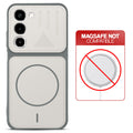 Grey-White back cover for Realme 16x 5G with printed ring pattern and message showing not compatible with MagSafe charging.
