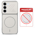 Grey-White back cover for Realme C83 5G with printed ring pattern and message showing not compatible with MagSafe charging.