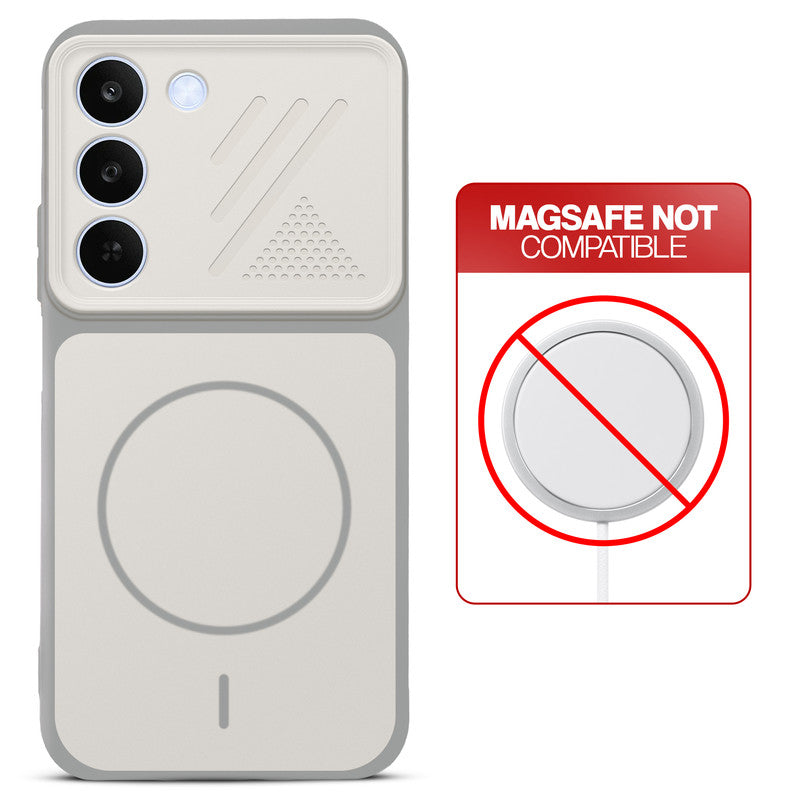 Grey-White back cover for Realme C83 5G with printed ring pattern and message showing not compatible with MagSafe charging.