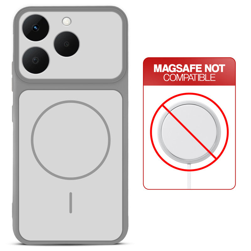 Grey-White back cover for Realme Narzo 90 5G with printed ring pattern and message showing not compatible with MagSafe charging.