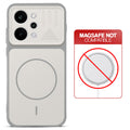 Grey-White back cover for Realme P4 Power 5G with printed ring pattern and message showing not compatible with MagSafe charging.