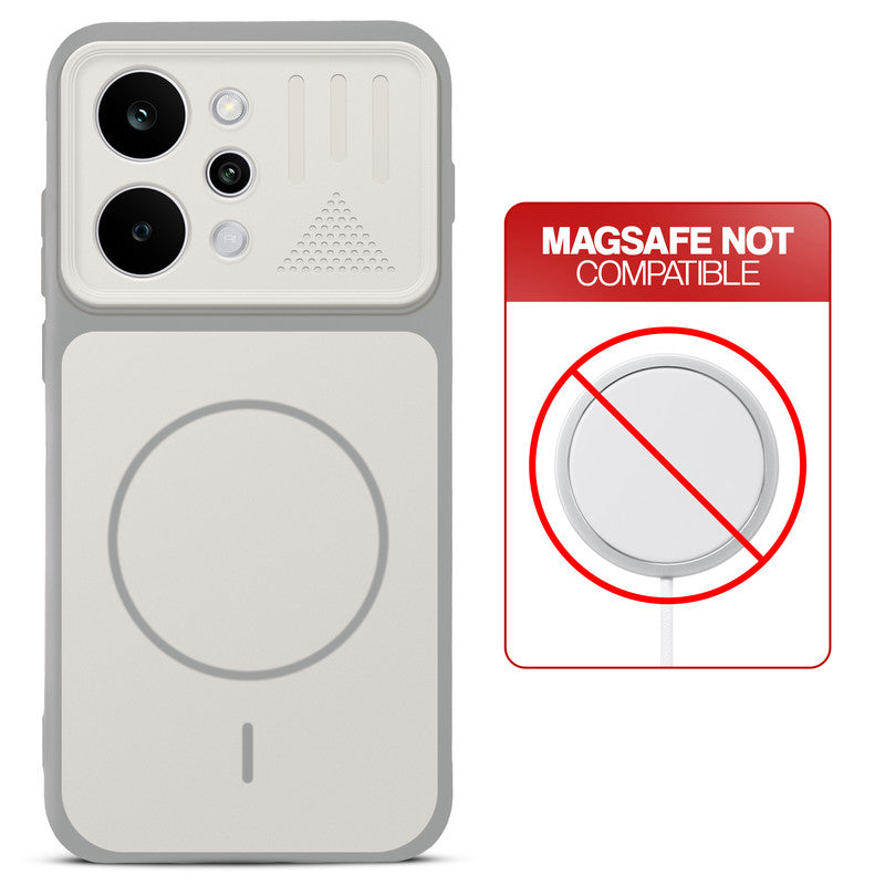Grey-White back cover for Realme P4 Power 5G with printed ring pattern and message showing not compatible with MagSafe charging.