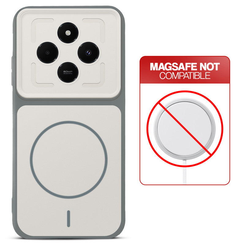 Grey-White back cover for Redmi 14C 5G with printed ring pattern and message showing not compatible with MagSafe charging.