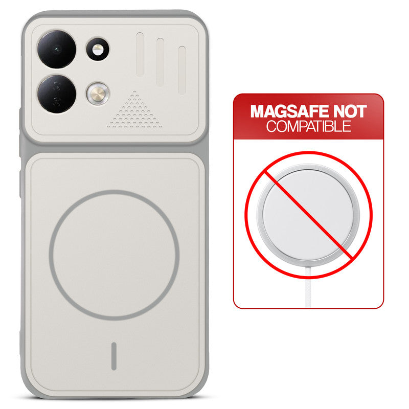 Grey-White back cover for Redmi 17 5G with printed ring pattern and message showing not compatible with MagSafe charging.
