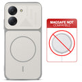 Grey-White back cover for Redmi A7 4G with printed ring pattern and message showing not compatible with MagSafe charging.