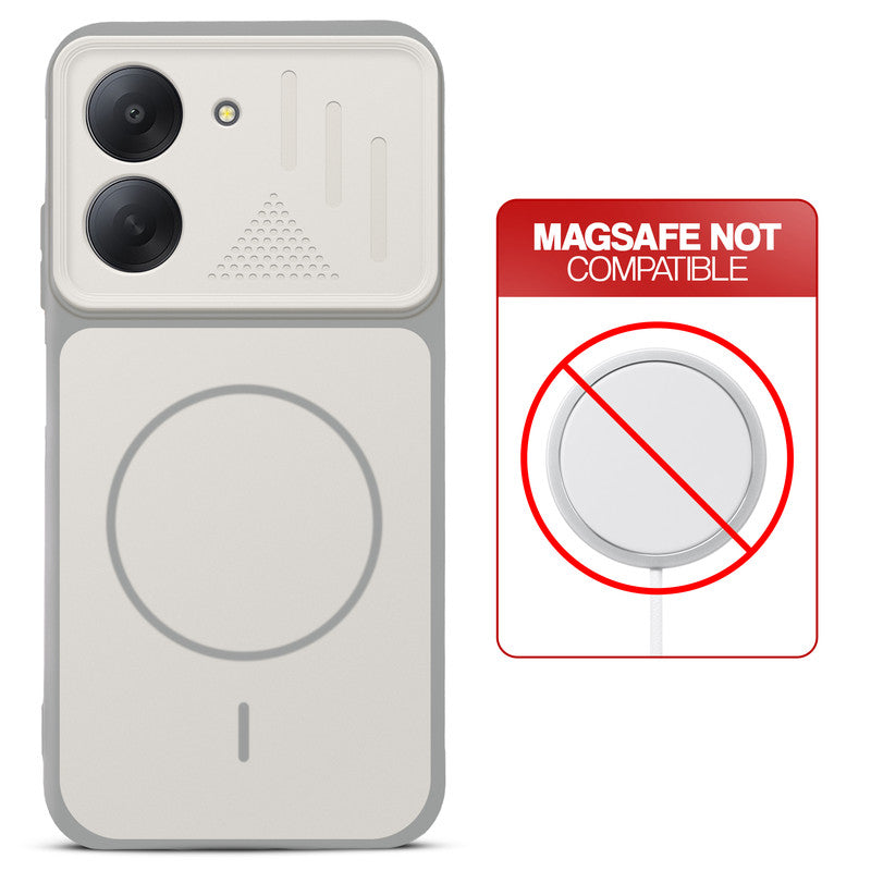 Grey-White back cover for Redmi A7 4G with printed ring pattern and message showing not compatible with MagSafe charging.