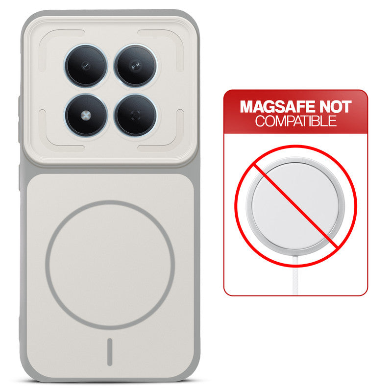 Grey-White back cover for Redmi Note 15 Pro 5G with printed ring pattern and message showing not compatible with MagSafe charging.