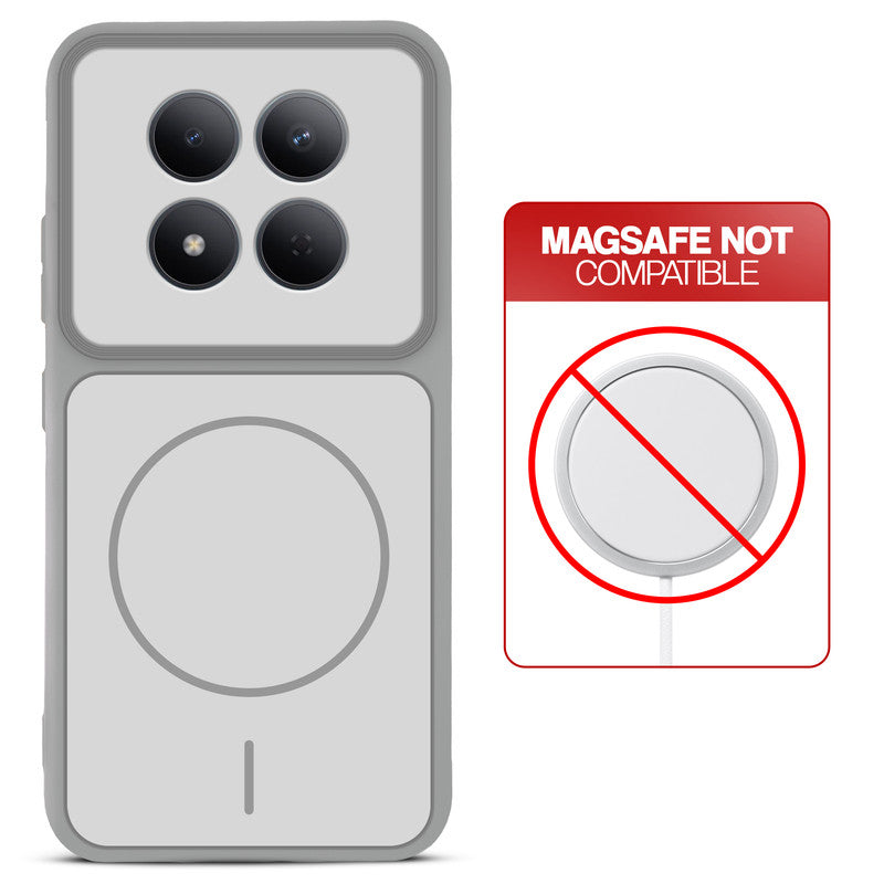 Grey-White back cover for Redmi Note 15 Pro 5G with printed ring pattern and message showing not compatible with MagSafe charging.