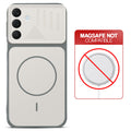 Grey-White back cover for Samsung A16 5G with printed ring pattern and message showing not compatible with MagSafe charging.