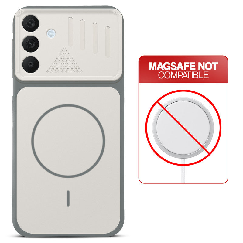 Grey-White back cover for Samsung A16 5G with printed ring pattern and message showing not compatible with MagSafe charging.