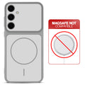 Grey-White back cover for Samsung S24 FE 5G with printed ring pattern and message showing not compatible with MagSafe charging.