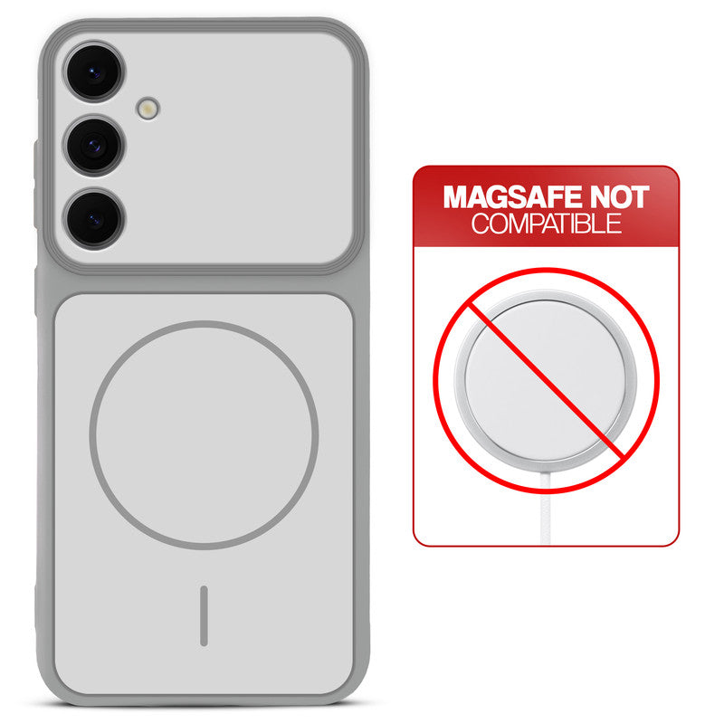 Grey-White back cover for Samsung S24 FE 5G with printed ring pattern and message showing not compatible with MagSafe charging.