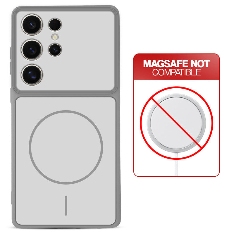 Grey-White back cover for Samsung S24 Ultra 5G with printed ring pattern and message showing not compatible with MagSafe charging.