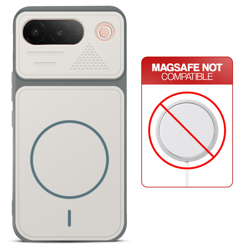Grey-White back cover for Vivo T5 5G with printed ring pattern and message showing not compatible with MagSafe charging.