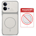 Grey-White back cover for Vivo T5 Lite 5G with printed ring pattern and message showing not compatible with MagSafe charging.