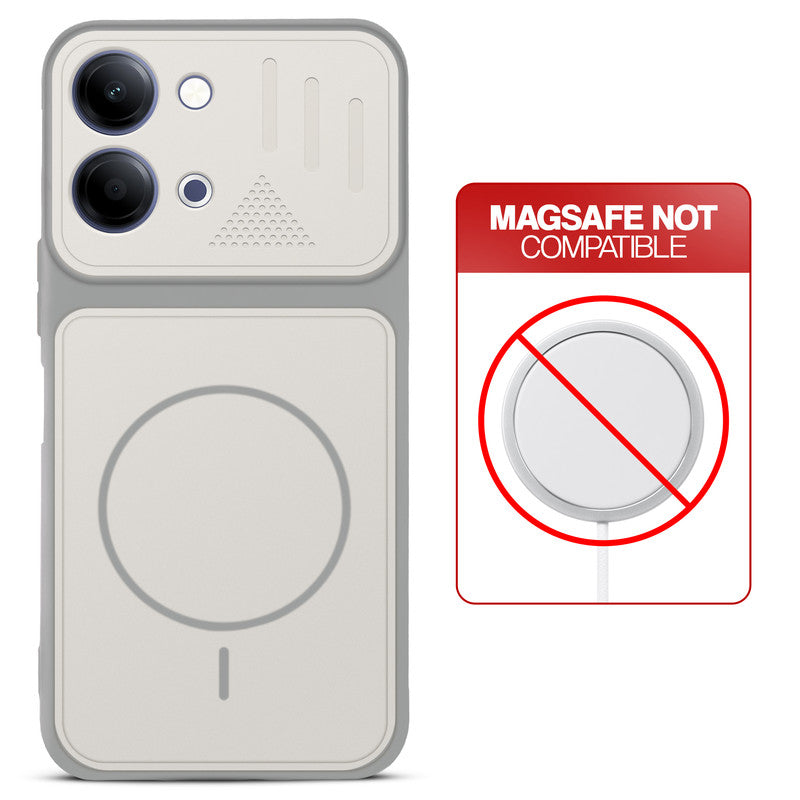 Grey-White back cover for Vivo T5 Lite 5G with printed ring pattern and message showing not compatible with MagSafe charging.