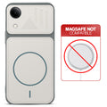 Grey-White back cover for Vivo T5e 5G with printed ring pattern and message showing not compatible with MagSafe charging.