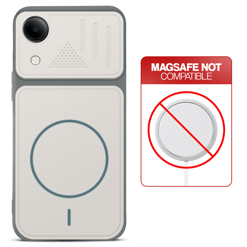 Grey-White back cover for Vivo T5e 5G with printed ring pattern and message showing not compatible with MagSafe charging.