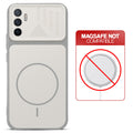 Grey-White back cover for Vivo V23e 5G with printed ring pattern and message showing not compatible with MagSafe charging.
