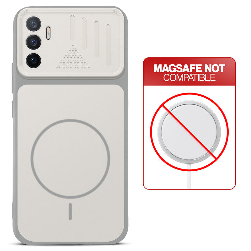 Grey-White back cover for Vivo V23e 5G with printed ring pattern and message showing not compatible with MagSafe charging.