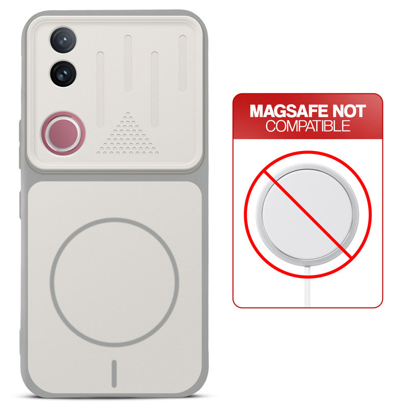 Grey-White back cover for Vivo V50 5G with printed ring pattern and message showing not compatible with MagSafe charging.