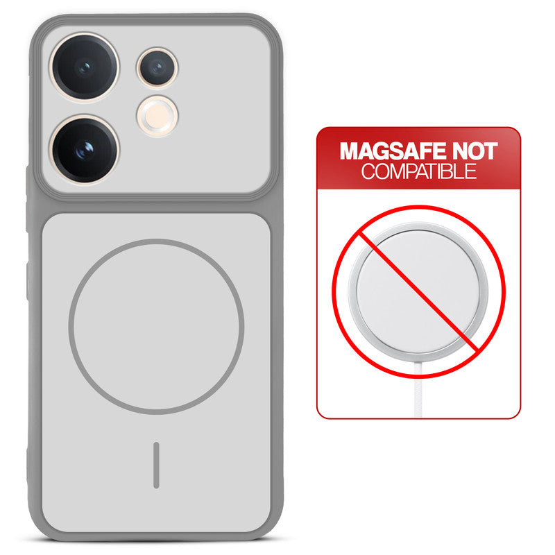 Grey-White back cover for Vivo V60 5G with printed ring pattern and message showing not compatible with MagSafe charging.