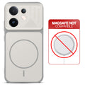 Grey-White back cover for Vivo V60 5G with printed ring pattern and message showing not compatible with MagSafe charging.