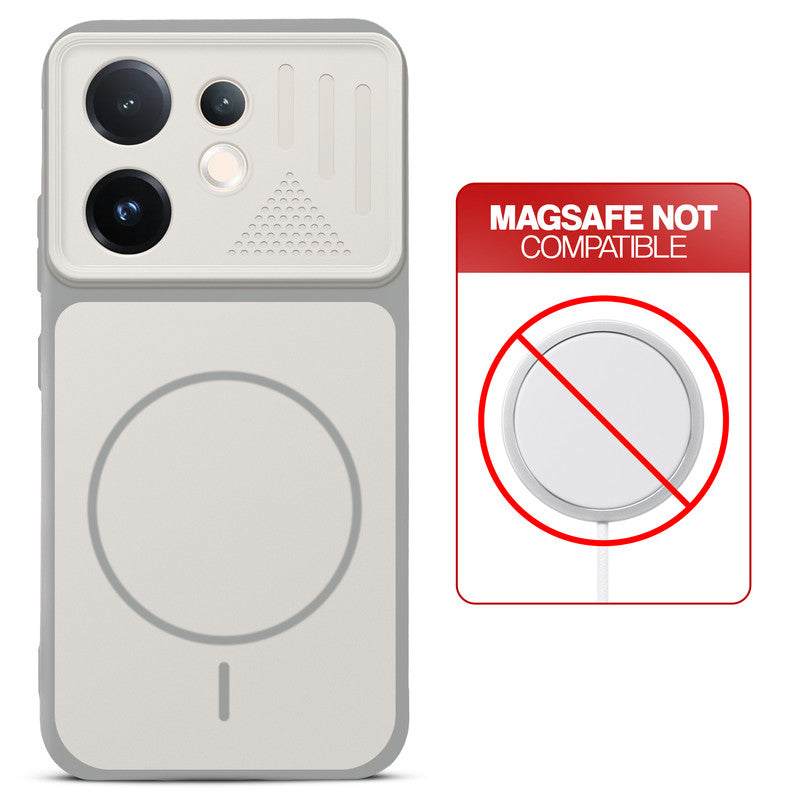 Grey-White back cover for Vivo V60E 5G with printed ring pattern and message showing not compatible with MagSafe charging.