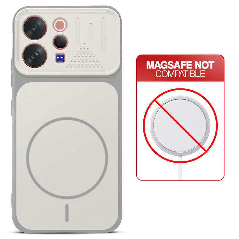 Grey-White back cover for Vivo V70 5G with printed ring pattern and message showing not compatible with MagSafe charging.