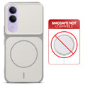 Grey-White back cover for Vivo V70 FE 5G with printed ring pattern and message showing not compatible with MagSafe charging.