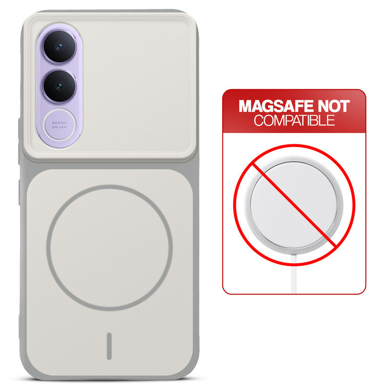 Grey-White back cover for Vivo V70 FE 5G with printed ring pattern and message showing not compatible with MagSafe charging.