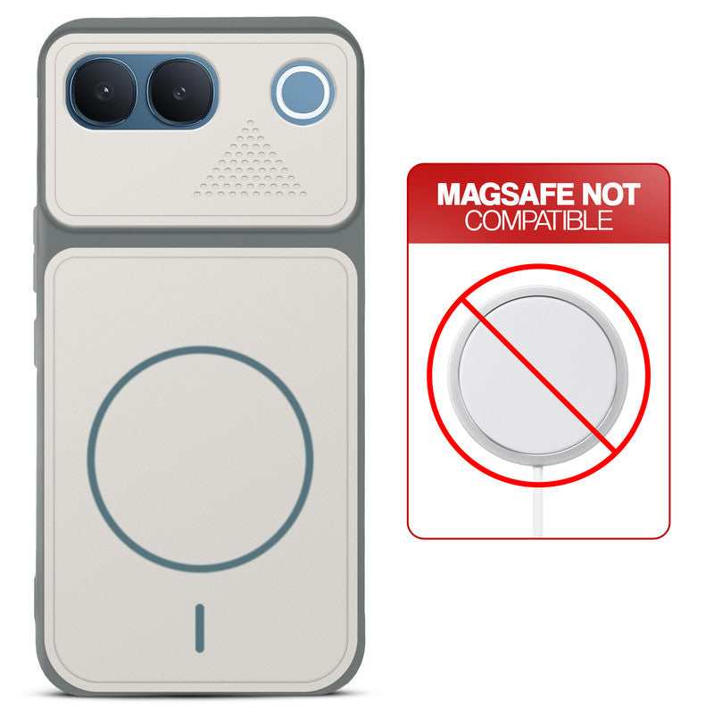 Grey-White back cover for Vivo V80 Lite 5G with printed ring pattern and message showing not compatible with MagSafe charging.