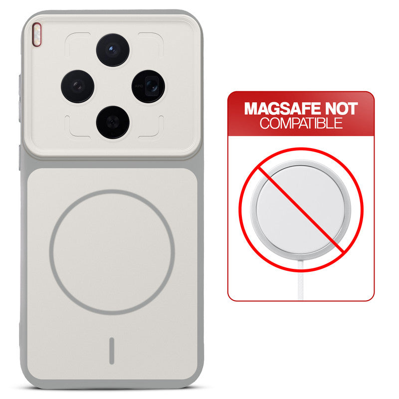 Grey-White back cover forMotorola Vivo X300 5G with printed ring pattern and message showing not compatible with MagSafe charging.