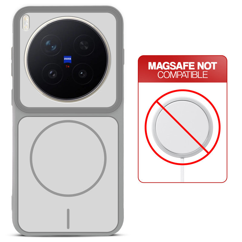 Grey-White back cover for Vivo X300 Pro 5G with printed ring pattern and message showing not compatible with MagSafe charging.