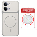 Grey-White back cover for Vivo Y05 4G with printed ring pattern and message showing not compatible with MagSafe charging.