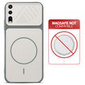 Grey-White back cover for Vivo Y20 with printed ring pattern and message showing not compatible with MagSafe charging.