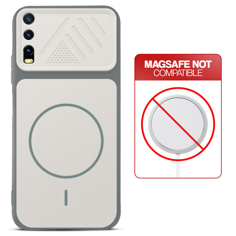 Grey-White back cover for Vivo Y20 with printed ring pattern and message showing not compatible with MagSafe charging.