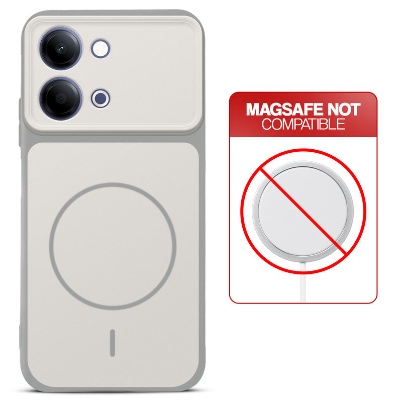 Grey-White back cover for Vivo Y21 5G with printed ring pattern and message showing not compatible with MagSafe charging.