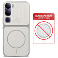 Grey-White back cover for Vivo Y300 5G with printed ring pattern and message showing not compatible with MagSafe charging.
